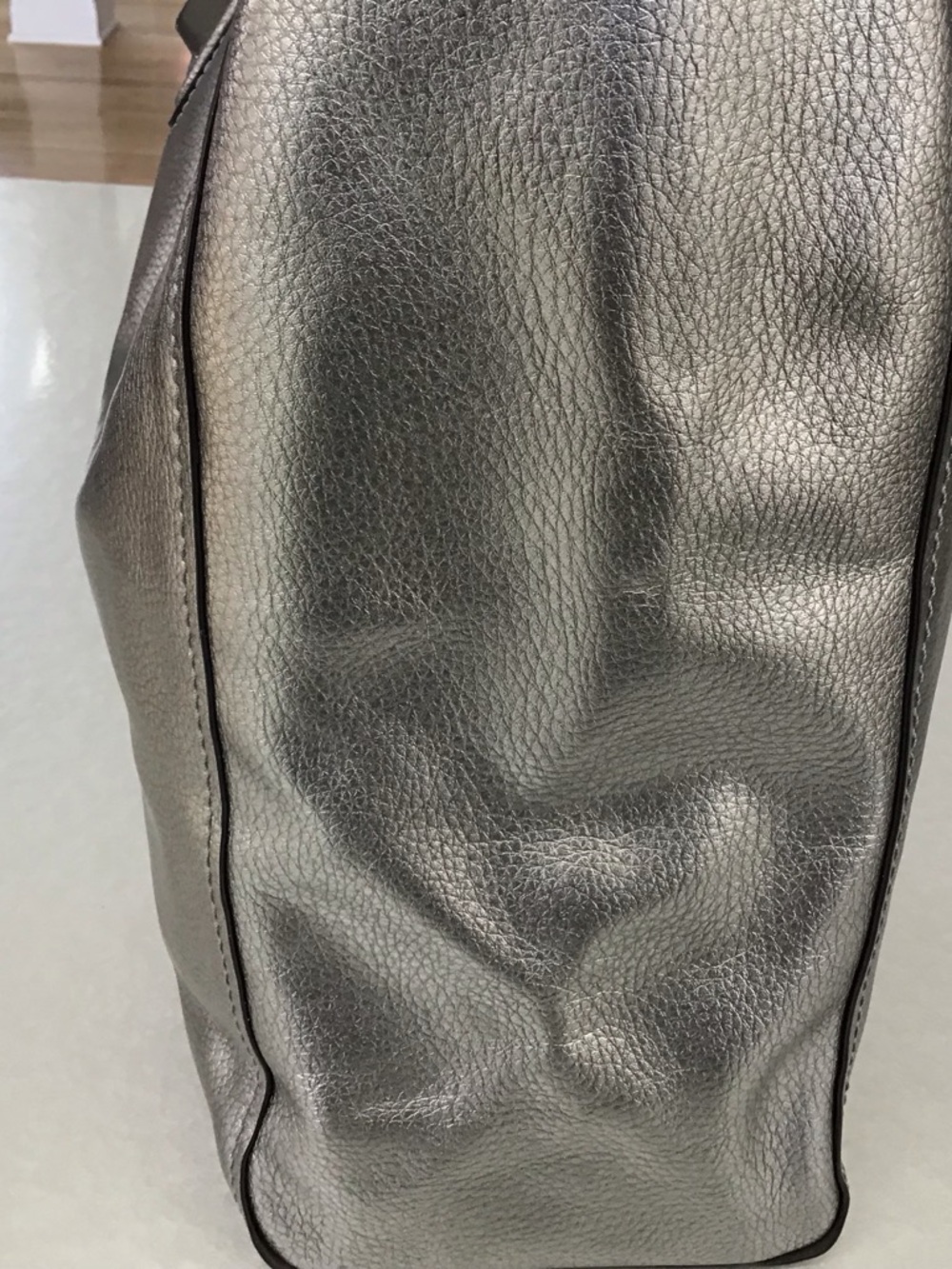 Coach Gunmetal Metallic Large Leather Tote with Dark Brown Straps EUC - Picture 9 of 13